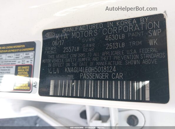 KNAGU4LE0H5018124 2017 KIA OPTIMA HYBRID White ძრავის განყოფილების ხედი