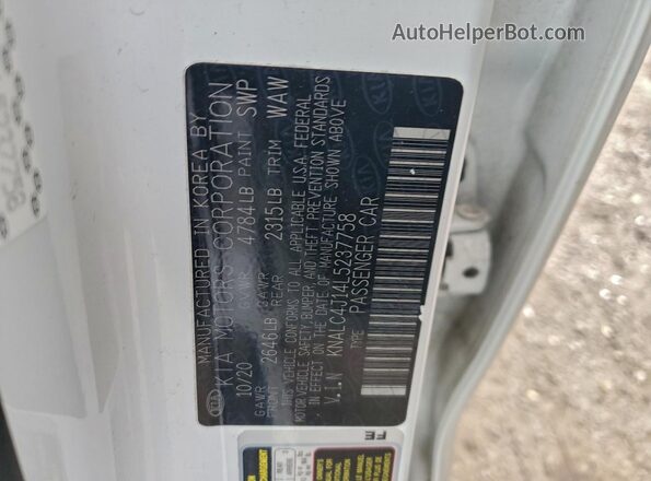 KNALC4J14L5237758 2020 KIA CADENZA White Вид підкапотного простору
