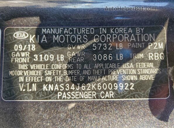 KNAS34J62K6009922 2019 KIA K900 Charcoal VIN კოდის სტიკერის ხედი
