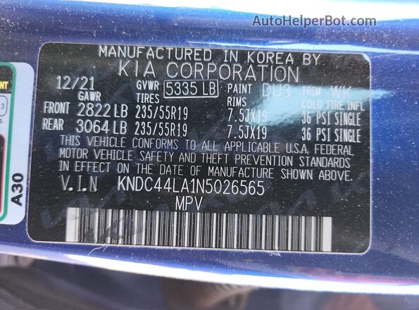 KNDC44LA1N5026565 2022 KIA EV6 Blue Вид наклейки з VIN-кодом