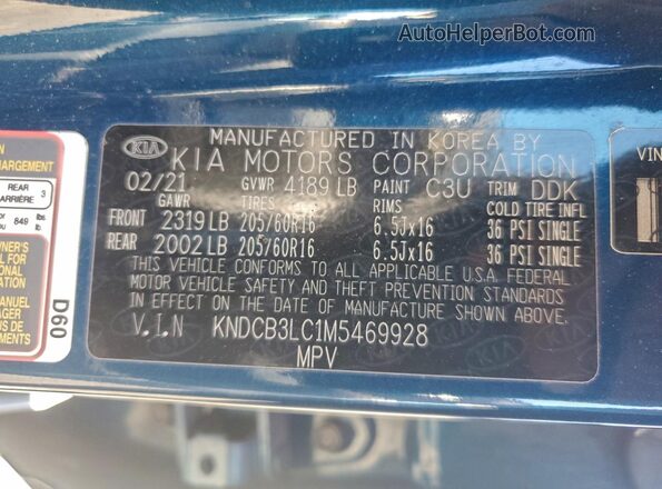 KNDCB3LC1M5469928 2021 KIA NIRO Blue Widok naklejki z numerem VIN