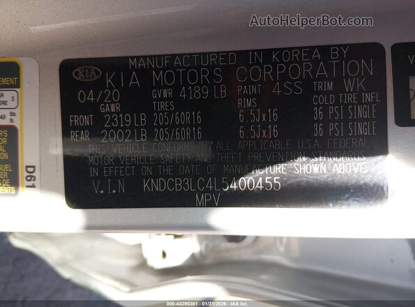 KNDCB3LC4L5400455 2020 KIA NIRO Silver Շարժիչի բաժամունքի տեսք