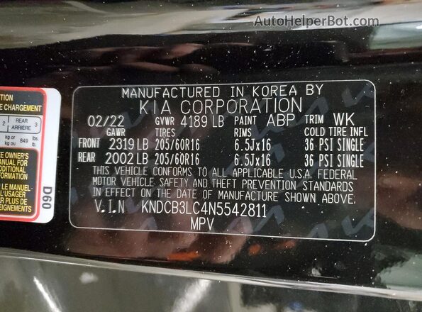 KNDCB3LC4N5542811 2022 KIA NIRO Black Vista de la etiqueta del VIN