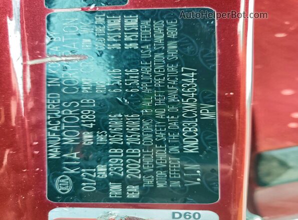 KNDCB3LCXM5463447 2021 KIA NIRO Red Widok naklejki z numerem VIN