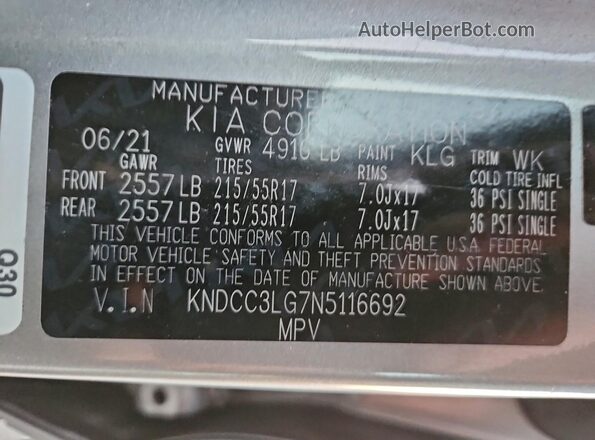 KNDCC3LG7N5116692 2022 KIA NIRO Gray Vista de la etiqueta del VIN