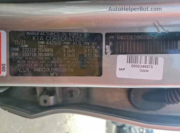 KNDCD3LD9N5516756 2022 KIA NIRO Gray VIN კოდის სტიკერის ხედი
