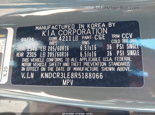 KNDCR3LE8R5188066 2024 KIA NIRO Gray ძრავის განყოფილების ხედი