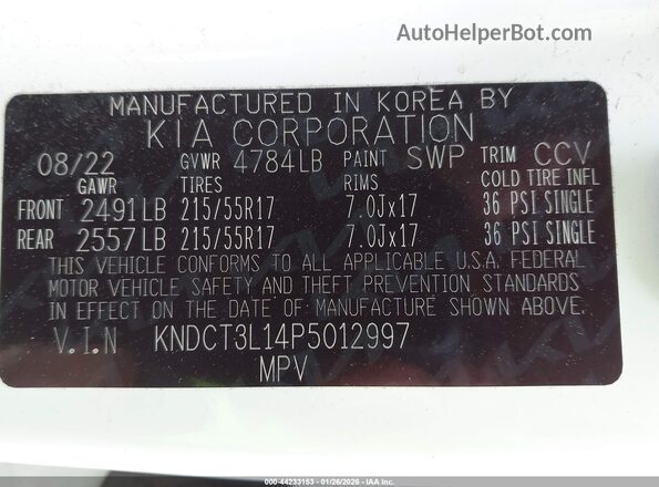 KNDCT3L14P5012997 2023 KIA NIRO EV White Вид наклейки з VIN-кодом