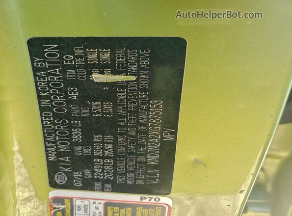 KNDJN2A2XG7875153 2016 KIA SOUL Green VIN კოდის სტიკერის ხედი