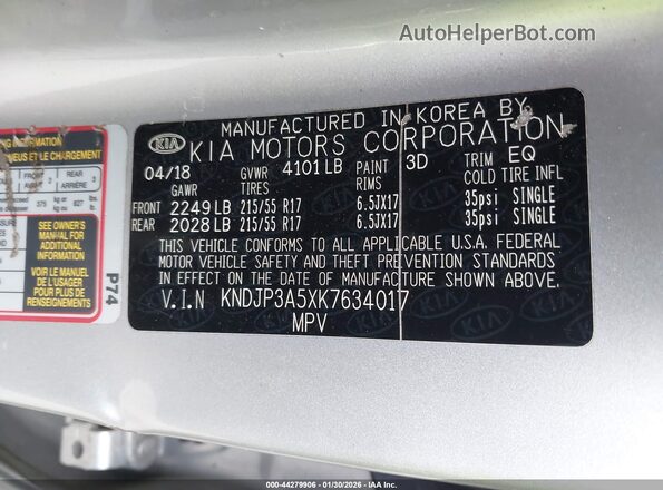 KNDJP3A5XK7634017 2019 KIA SOUL Silver Vista del compartimento del motor