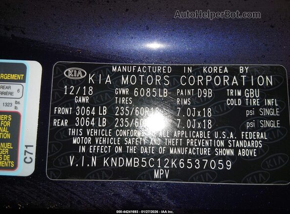 KNDMB5C12K6537059 2019 KIA SEDONA Dark Blue Widok komory silnika