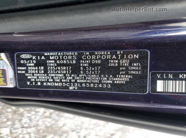 KNDMB5C13L6582433 2020 KIA SEDONA Синий 
