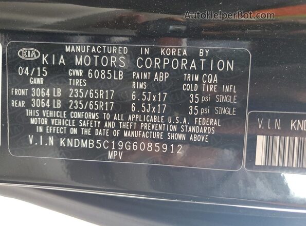 KNDMB5C19G6085912 2016 KIA SEDONA Black Вид наклейки з VIN-кодом