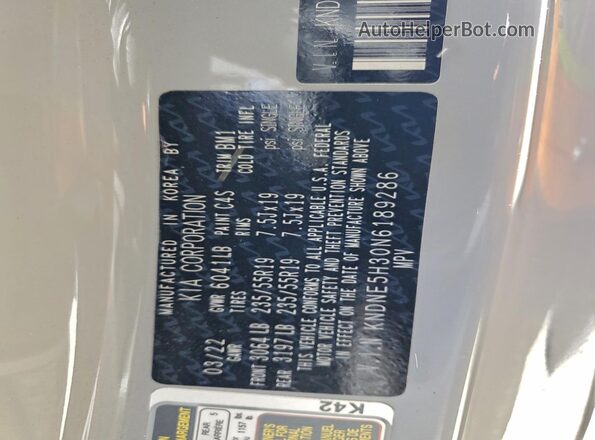 KNDNE5H30N6189286 2022 KIA CARNIVAL Silver VIN sticker view