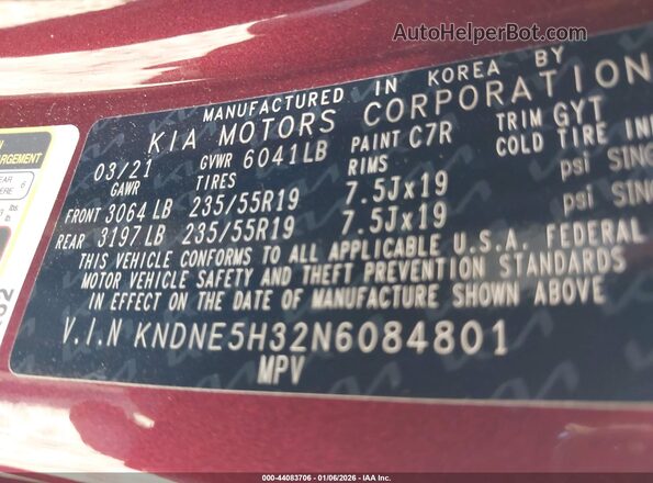 KNDNE5H32N6084801 2022 KIA CARNIVAL MPV Red 