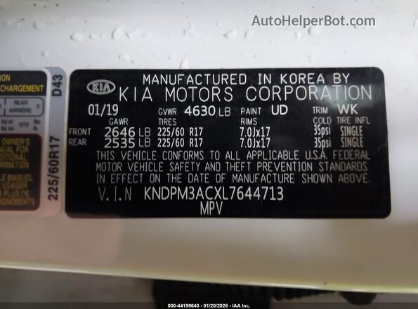KNDPM3ACXL7644713 2020 KIA SPORTAGE White Engine compartment view