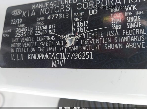 KNDPMCAC1L7796251 2020 KIA SPORTAGE White Вид підкапотного простору