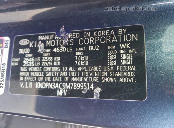 KNDPN3AC9M7899514 2021 KIA SPORTAGE Blue Widok naklejki z numerem VIN