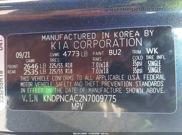 KNDPNCAC2N7009775 2022 KIA SPORTAGE Dark Blue 