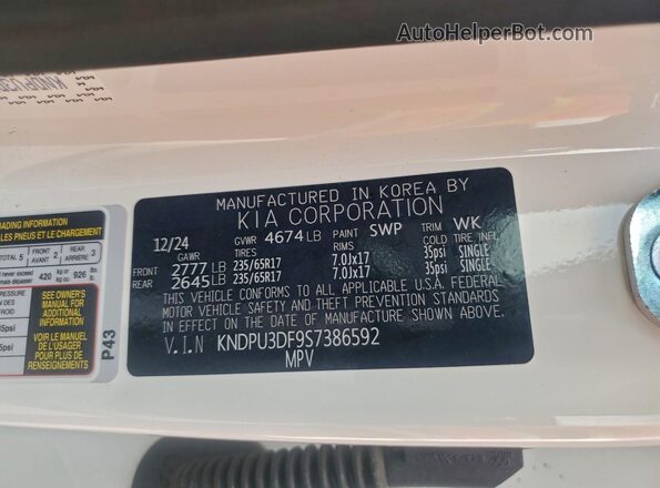KNDPU3DF9S7386592 2025 KIA SPORTAGE White 
