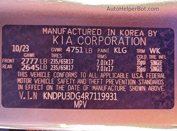 KNDPU3DG4R7119931 2024 KIA SPORTAGE Gray Widok naklejki z numerem VIN