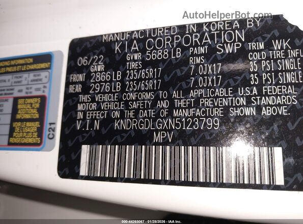 KNDRGDLGXN5123799 2022 KIA SORENTO HYBRID White 
