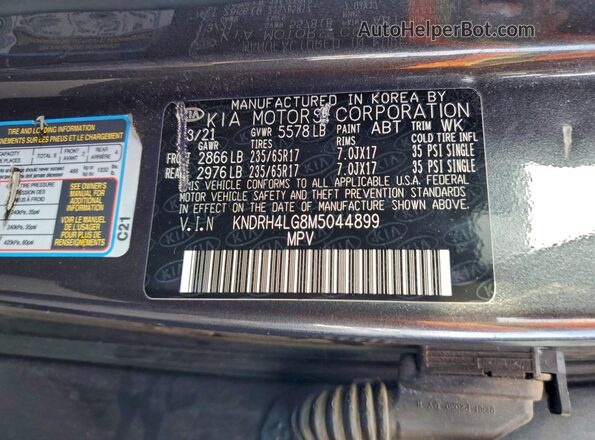 KNDRH4LG8M5044899 2021 KIA SORENTO Gray VIN կոդի պիտակի տեսք