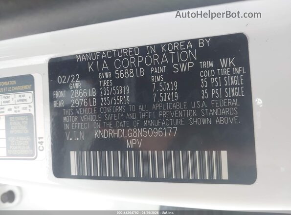 KNDRHDLG8N5096177 2022 KIA SORENTO HYBRID White 