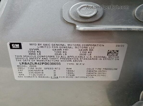 LRBAZLR42PD038655 2023 BUICK ENVISION Silver Vista de la etiqueta del VIN