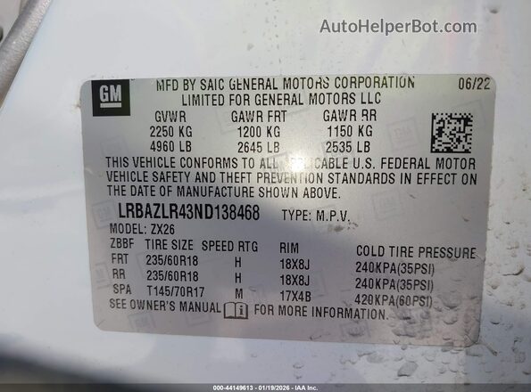 LRBAZLR43ND138468 2022 BUICK ENVISION White Engine compartment view