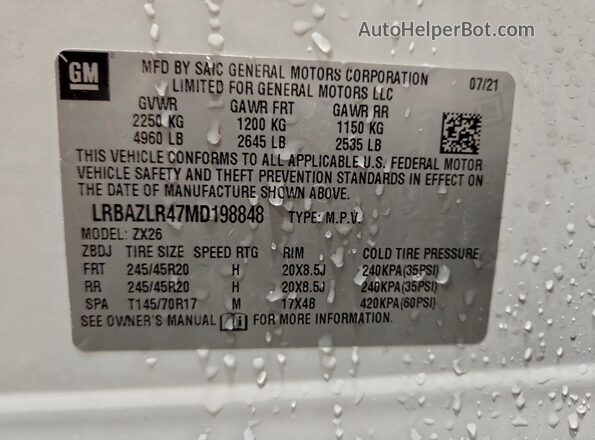 LRBAZLR47MD198848 2021 BUICK ENVISION White Вид наклейки з VIN-кодом
