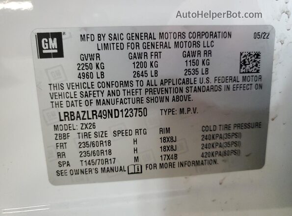 LRBAZLR49ND123750 2022 BUICK ENVISION Белый 