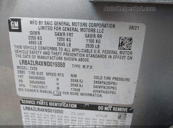 LRBAZLR4XND019350 2022 BUICK ENVISION Silver ძრავის განყოფილების ხედი