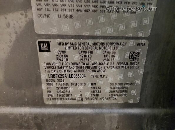 LRBFX2SA1LD035004 2020 BUICK ENVISION Silver Вид наклейки з VIN-кодом