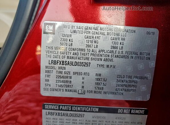 LRBFXBSA9LD035297 2020 BUICK ENVISION Красный Вид наклейки с VIN-кодом