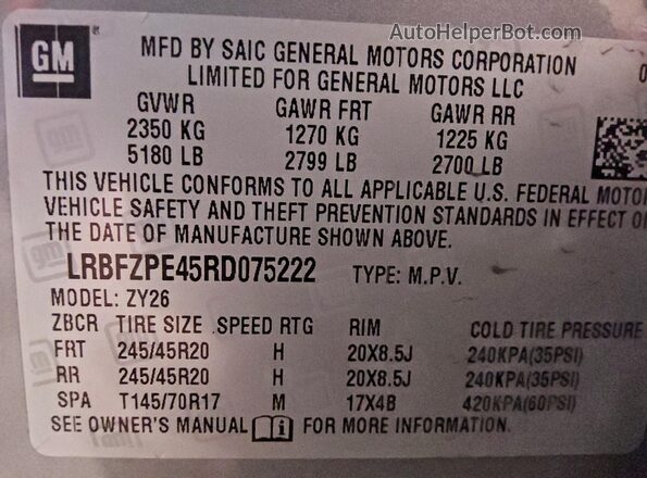 LRBFZPE45RD075222 2024 BUICK ENVISION Gray Вид наклейки з VIN-кодом