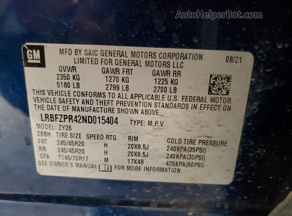 LRBFZPR42ND015404 2022 BUICK ENVISION Blue 
