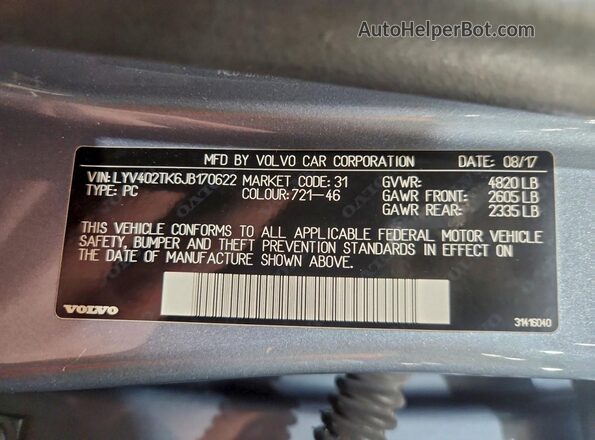 LYV402TK6JB170622 2018 VOLVO S60 Silver 