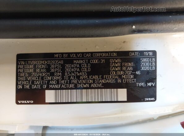 LYVBR0DM0KB283548 2019 VOLVO XC60 HYBRID White ძრავის განყოფილების ხედი