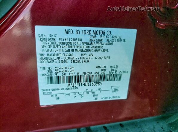 MAJ3P1TE0JC163985 2018 FORD ECOSPORT Red VIN კოდის სტიკერის ხედი