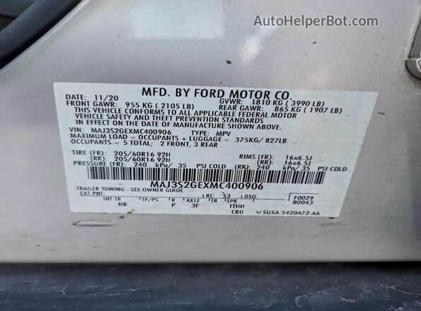 MAJ3S2GEXMC400906 2021 FORD ECOSPORT Silver 