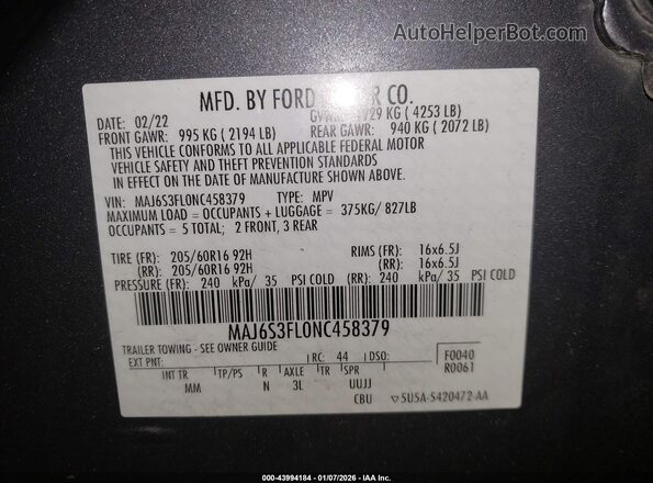 MAJ6S3FL0NC458379 2022 FORD ECOSPORT Серый Вид подкапотного пространства