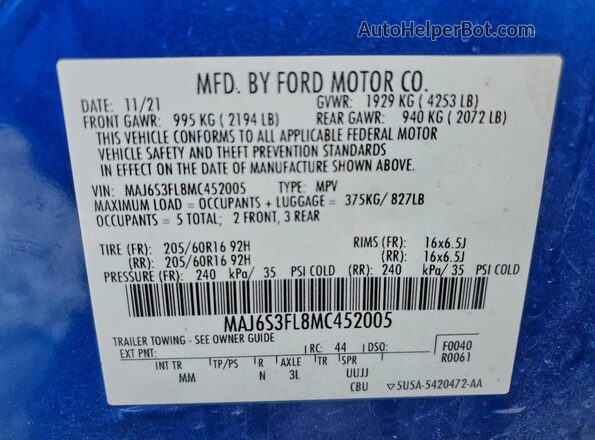 MAJ6S3FL8MC452005 2021 FORD ECOSPORT Blue 