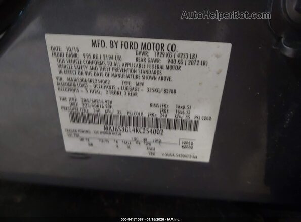 MAJ6S3GL4KC254002 2019 FORD ECOSPORT Gray Engine compartment view