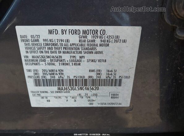 MAJ6S3GL5NC465620 2022 FORD ECOSPORT Gray Widok komory silnika