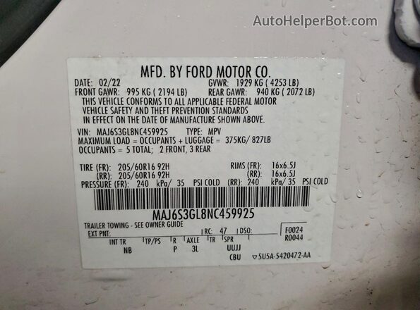 MAJ6S3GL8NC459925 2022 FORD ECOSPORT White Вид наклейки з VIN-кодом