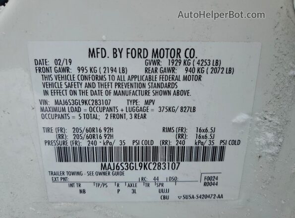 MAJ6S3GL9KC283107 2019 FORD ECOSPORT White 