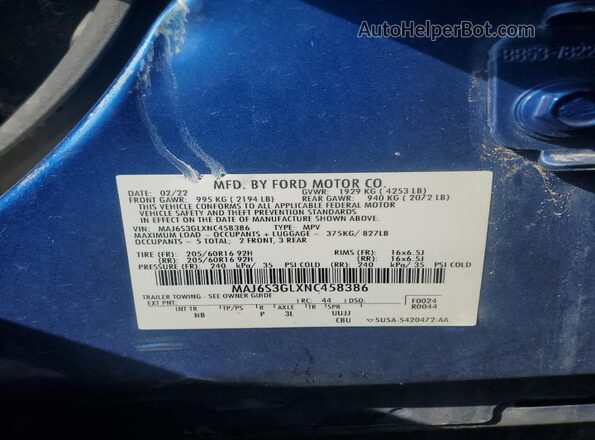 MAJ6S3GLXNC458386 2022 FORD ECOSPORT Blue VIN sticker view