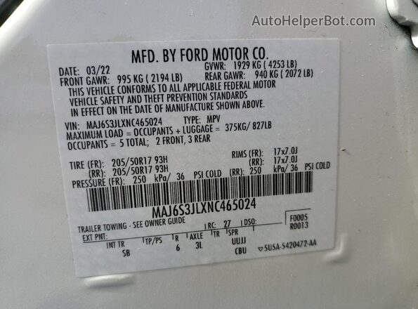 MAJ6S3JLXNC465024 2022 FORD ECOSPORT Белый Вид наклейки с VIN-кодом