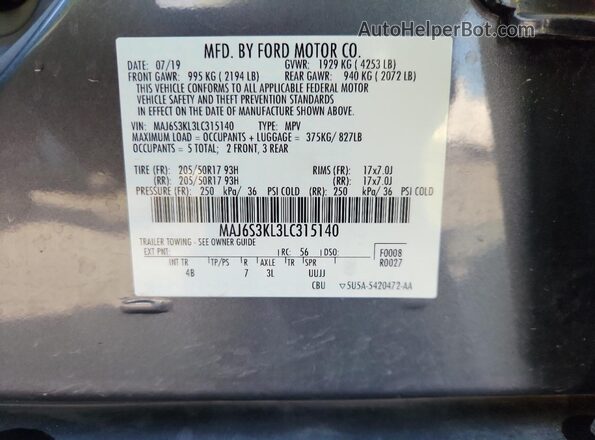 MAJ6S3KL3LC315140 2020 FORD ECOSPORT Gray VIN sticker view